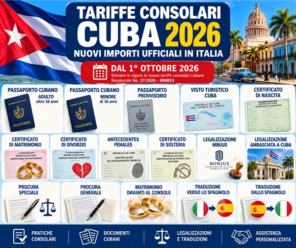 Nuove tariffe consolari Cuba 2026 costi e prezzi: consolato cubano Italia